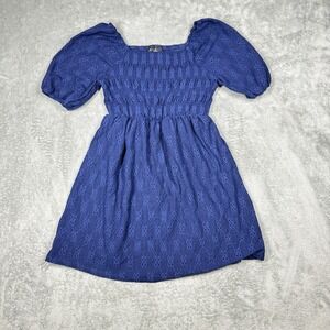 BY&BY Girls Blue Smocked Dress Size S 7 8 Eyelet Puff Sleeve‎ Babydoll